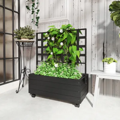 Raised Garden Bed With Trellis And Wheels, Outdoor Planter Wooden Elevated Garden Bed
