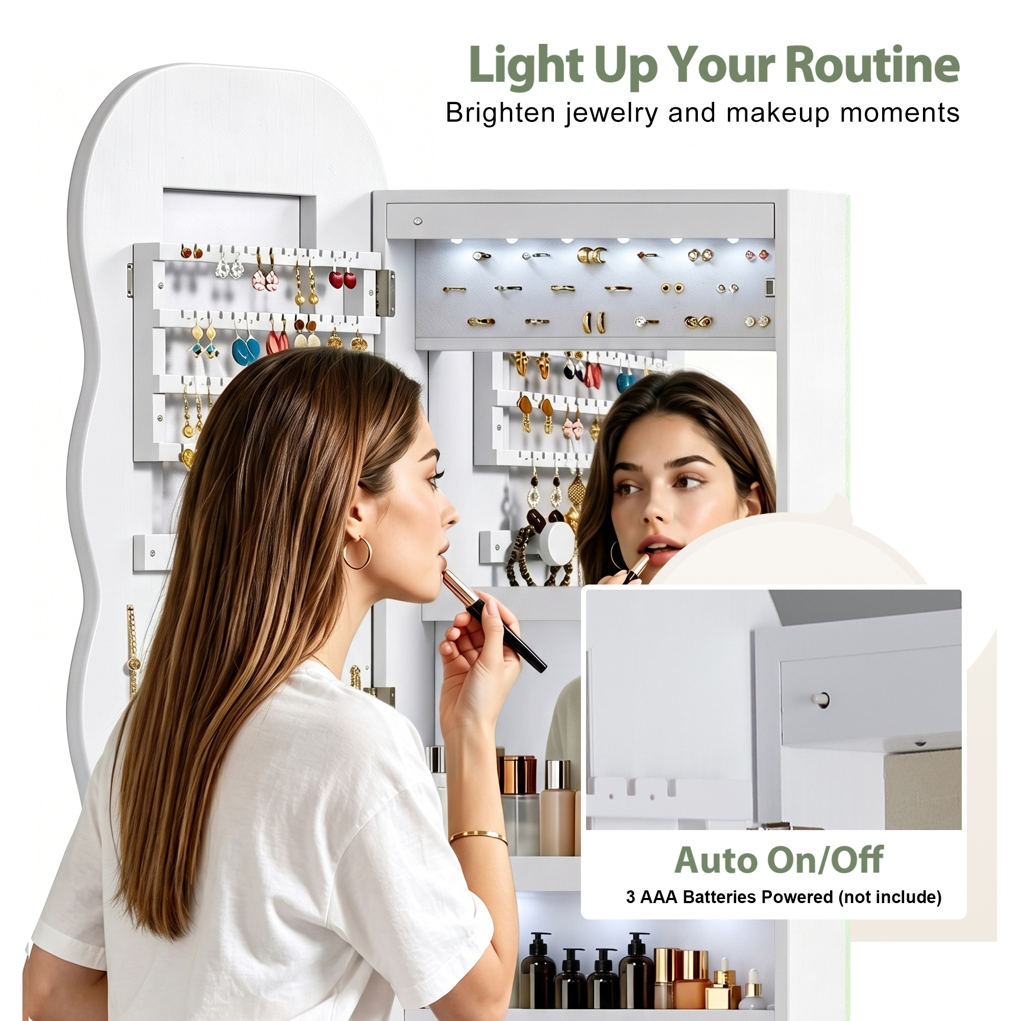 42.5IN Wall Mounted Jewelry Cabinet With Full Length Mirror, Storage Organizer Box, Over The Door… image 4