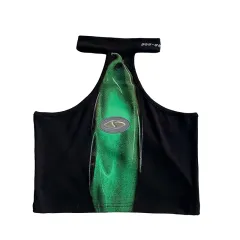Off-Shoulder Halter Abstract Spice Crop Green Print Tank Top - Black - View 1