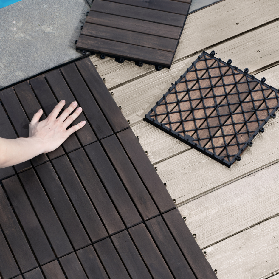 30 PCS Interlocking Deck Tiles Striped Pattern, 12inch X 12inch Dark Brown Square Acacia Hardwood Outdoor Flooring For Patio, Bancony, Pool Side