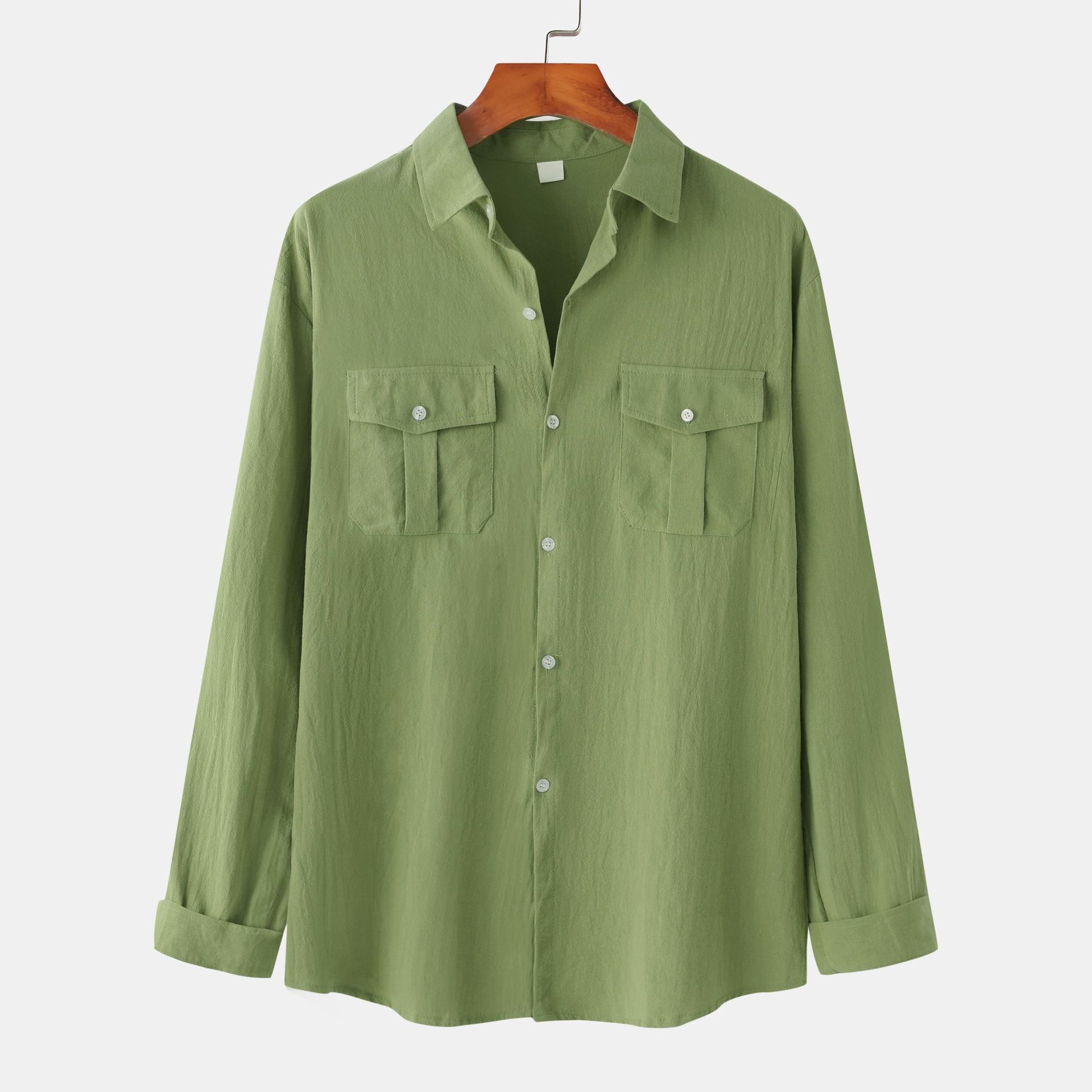 New Autumn And Winter Cotton And Linen Solid Color Double Pocket Design Men's Long-sleeved Shirt