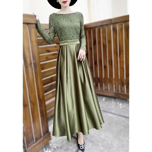 Patchwork Satin Fake Two piece Slim Annual Party Dress Olive Green - Shop at LoveMi
