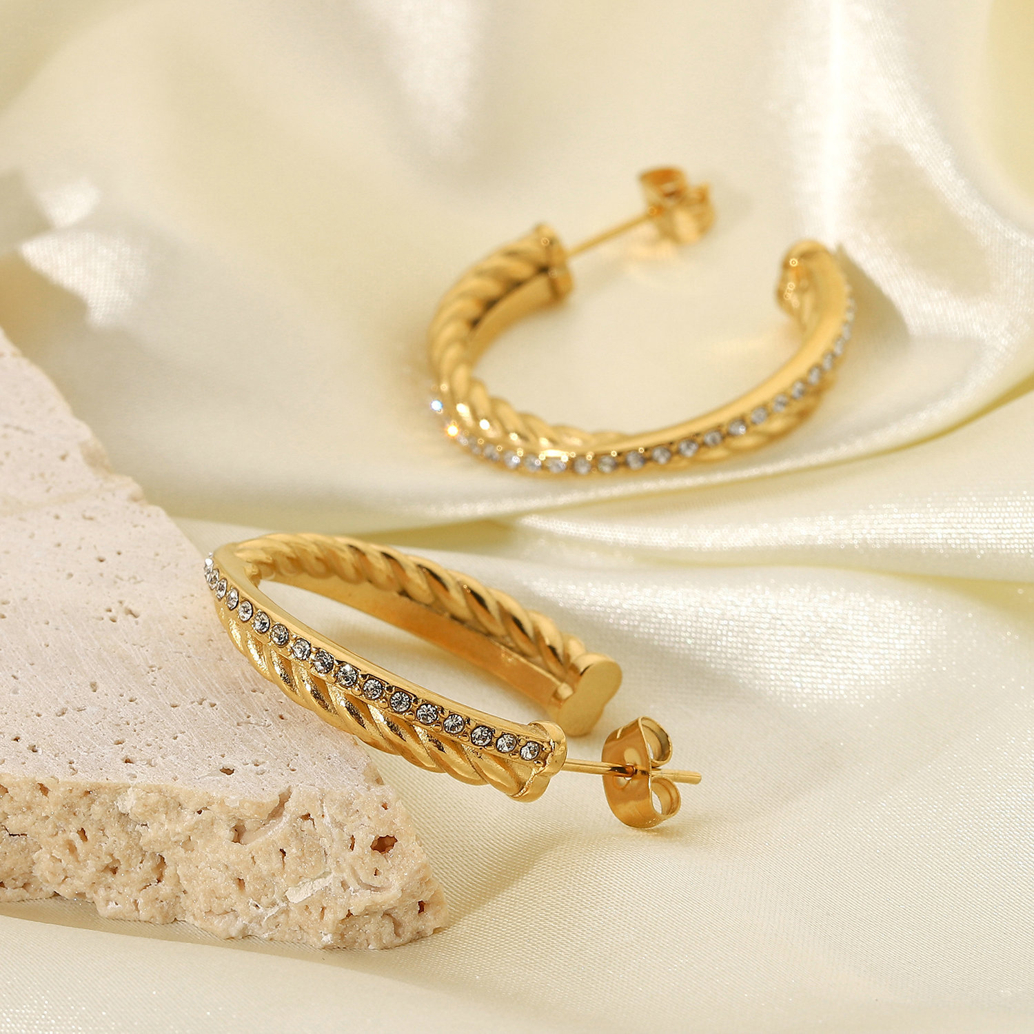 18K Gold-plated Stainless Steel Zircon Twist Cross C-shaped Earrings