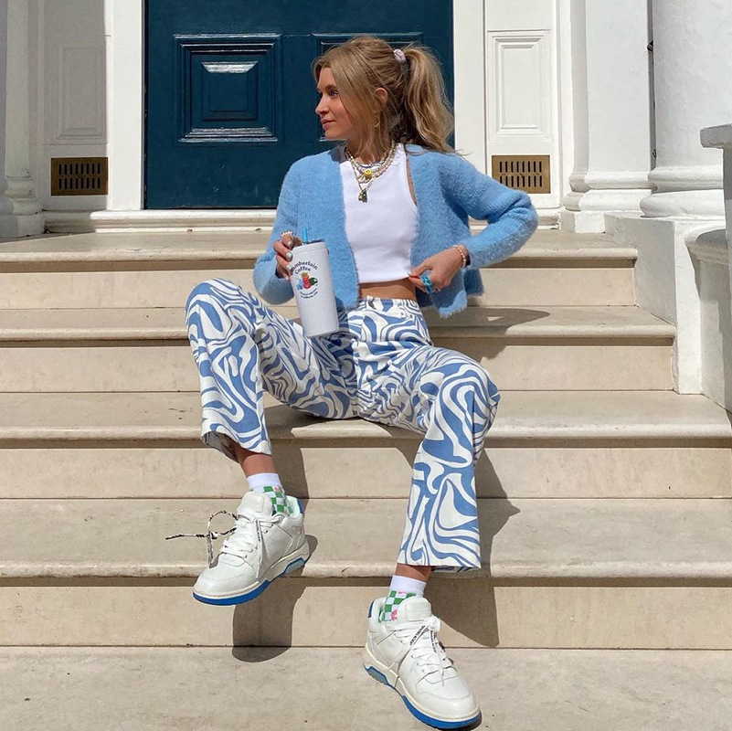 Fashion Blue Zebra Print Straight-leg Casual Pants