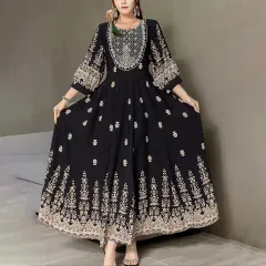 Women's Bohemian Embroidered Maxi Dress Elegant 3 4 Sleeve Swing Dress - Black - View 1