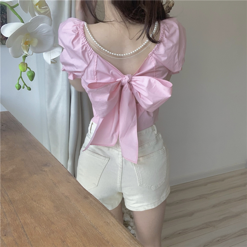 Title 5, Puff Sleeve Retro High Waist Slim Short Sleeve