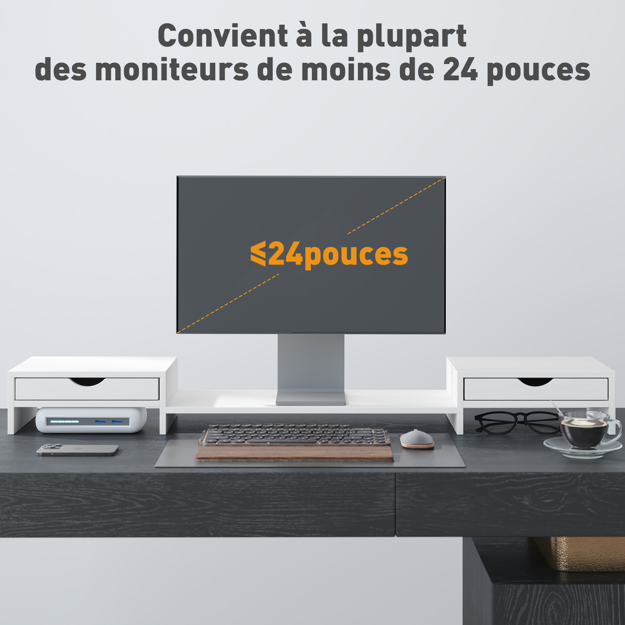 Dual Monitor Stand With 2 Drawers, Adjustable Length And Angle, 116cm Suitable — image 3