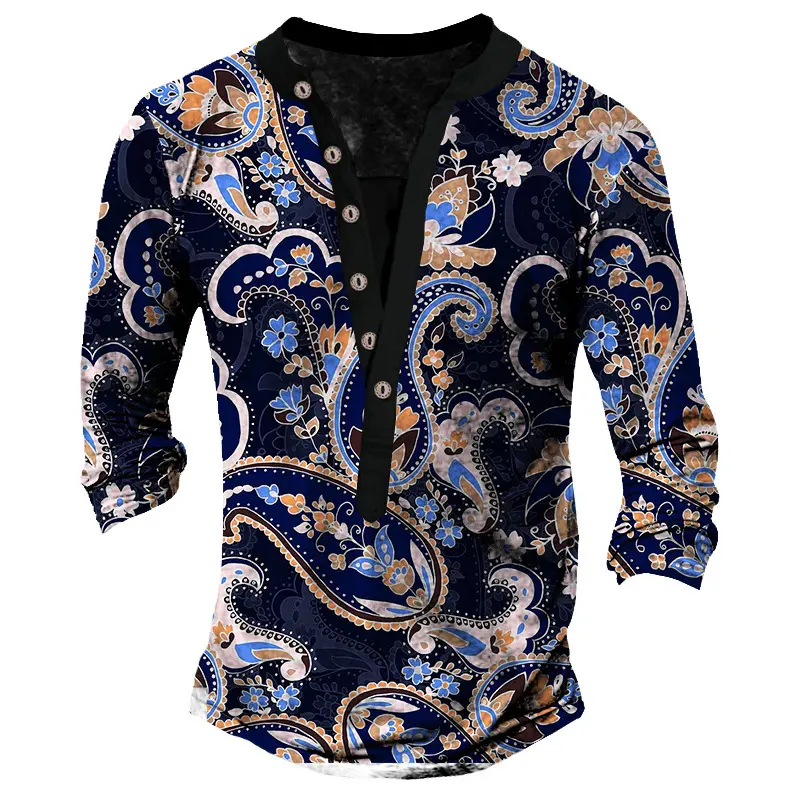 Printed Retro Fashion Casual Henry Neck Long