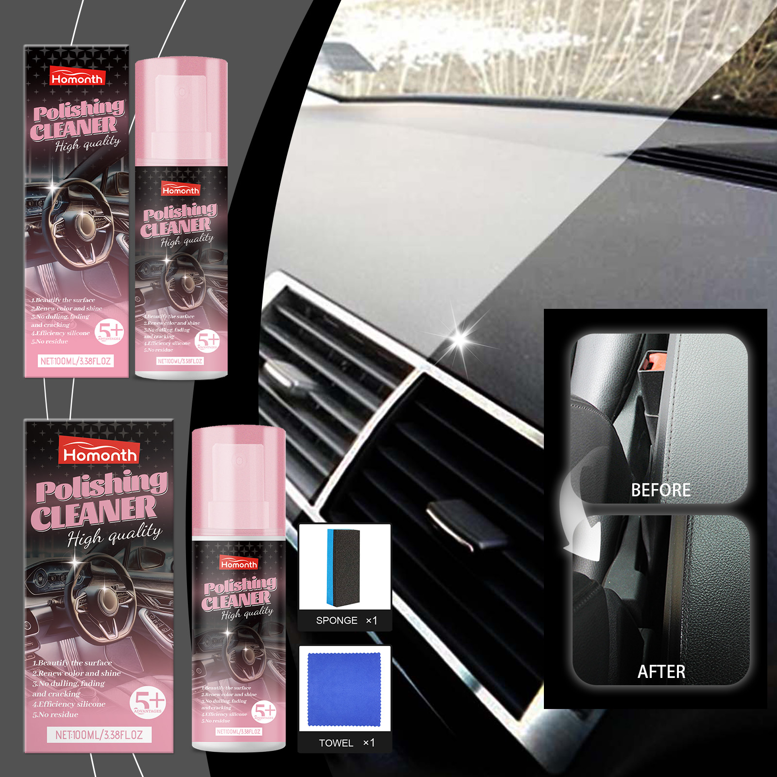 Car Leather Interior Care, Renovation, Gentle Cleaning, Stain Removal, Polishing, Car Interior Renovation Agent Set 1 Set 1 Box 3
