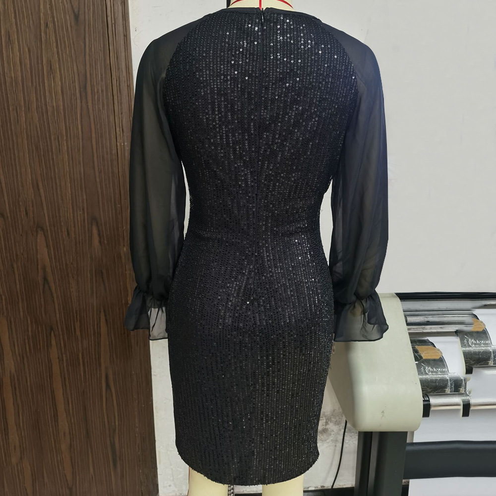 Long Sleeve Chiffon Patchwork Sequin Dress