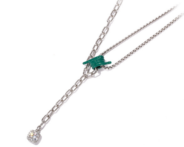 Brass Rhodium plated Zircon Pendant Dripping Oil Necklace Women Army Green - Shop at LoveMi