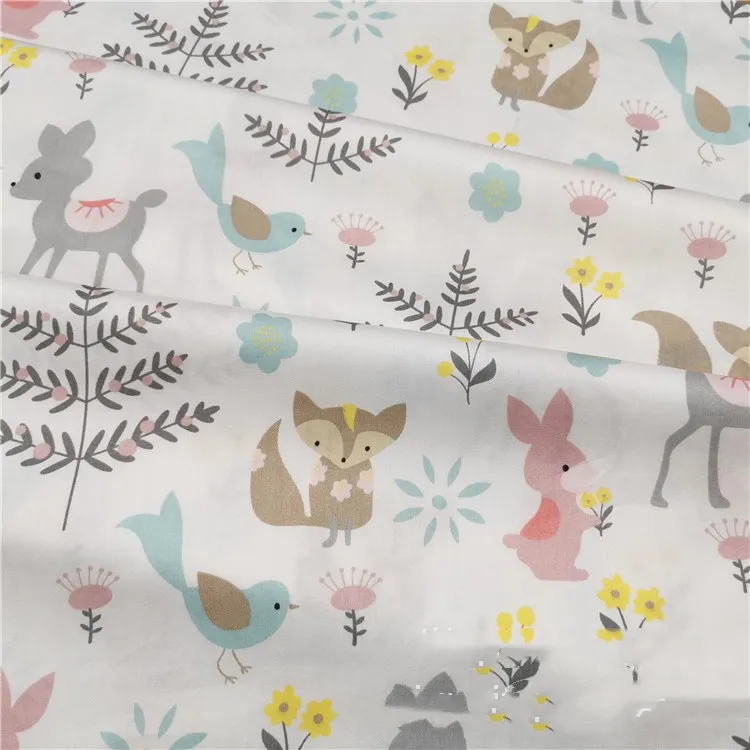 Cotton Cartoon Green Deer Squirrel Fabric - Pink A