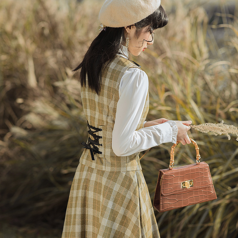 Women's Retro Plaid Vest Stand Collar Skirt Set