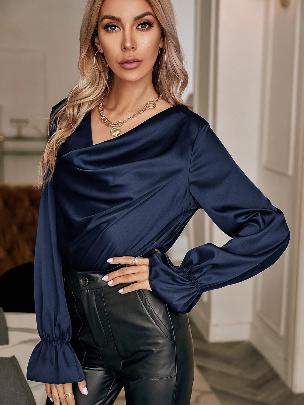 Fashion And Elegant Temperament Satin Pullover Pile Collar Straight Blouse
