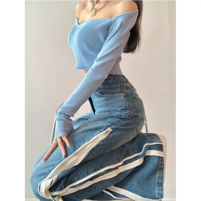 Double layer Side Zipper Wide Leg Jeans Women Loose Blue - Shop at LoveMi