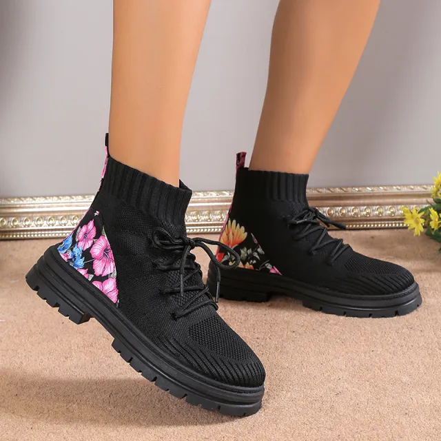 Flowers Print Sock Boots Knitted Mesh Shoes Breathable High top Elastic Slip on Shoes For Women Autumn Winter Ankle Boots Black - Shop at LoveMi