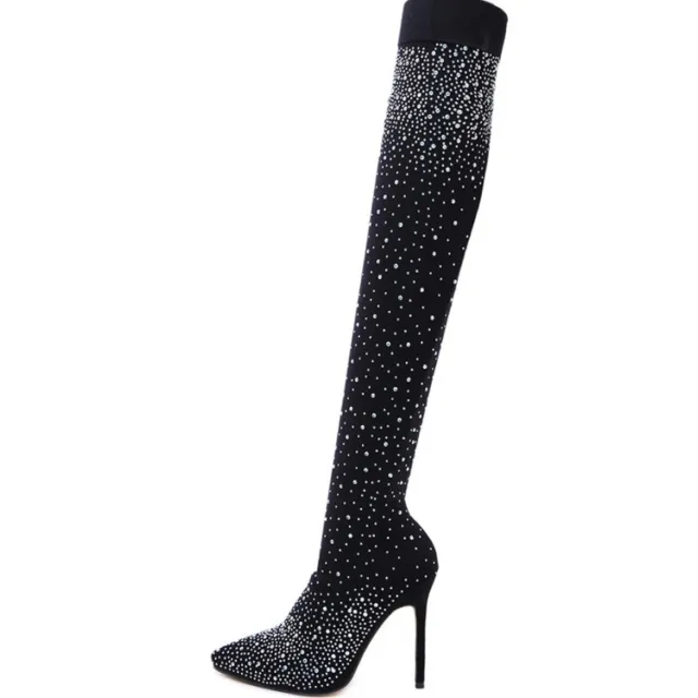 High Heels Over The Knee Boots With Pointed Toes And Thin Heels Black - Shop at LoveMi
