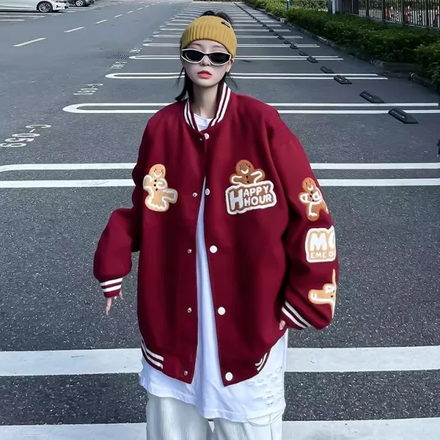 Plus Size Baseball Uniform Polyester Loose Jacket Red - Shop at LoveMi