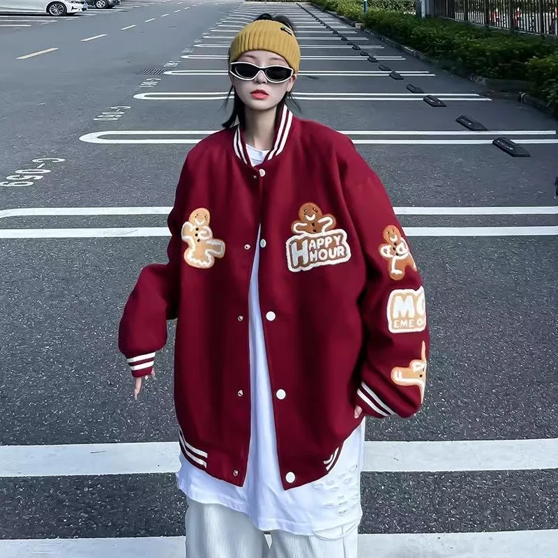 Plus Size Baseball Uniform Polyester Loose Jacket - Red
