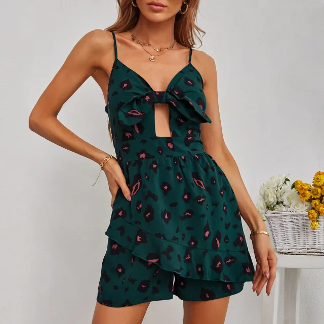Printed Shorts Fashion Sling Backless Jumpsuit Dark Green - Shop at LoveMi