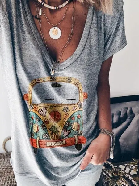 Ladies Casual V neck Short Sleeved Loose Car Print T Shirt Grey - Shop at LoveMi