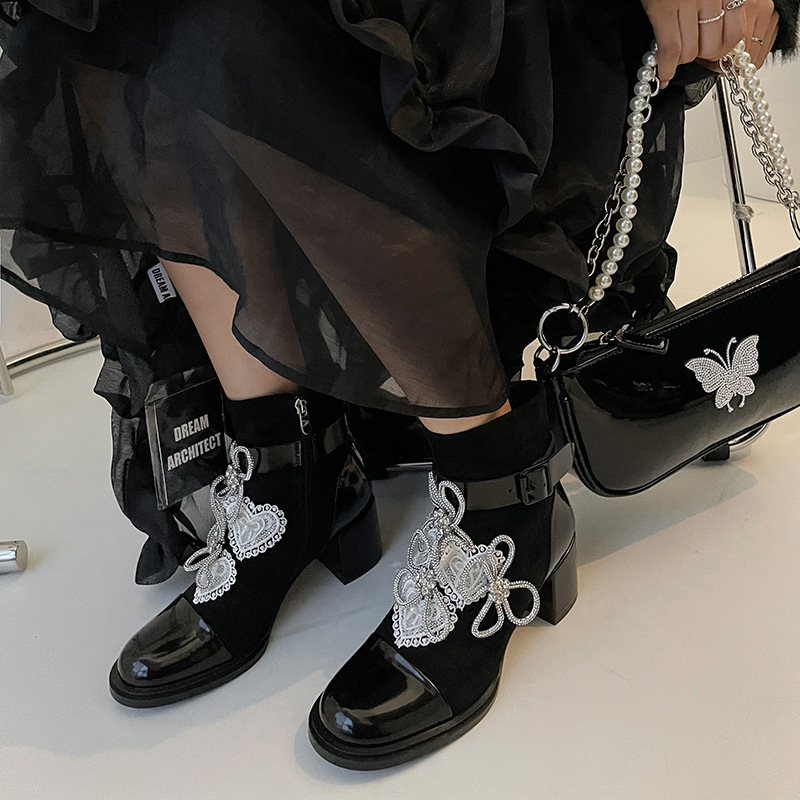 Rhinestone Bowknot Flower Thick Heel Short Boots