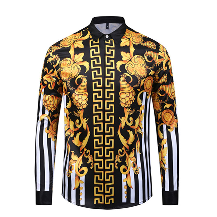 European And American Style High-end Gold Flower Carved Print Men's Long-sleeved Shirt