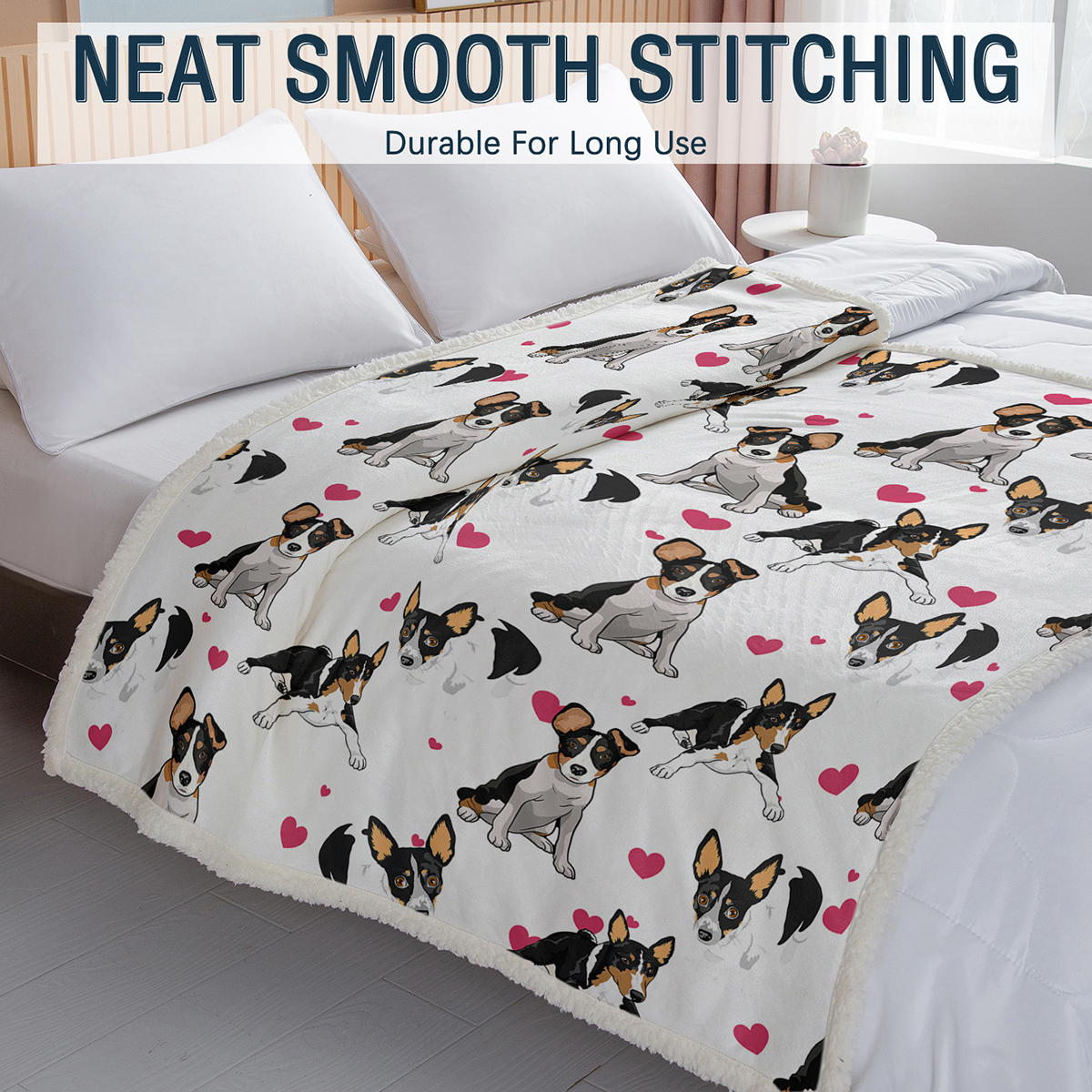 Rat Terrier Throw Blanket, Dog Lover Gift Blanket Reversible Plush Fluffy Red Heart Rescue Dog Sherpa Fleece Bedding For Kids Teens 3