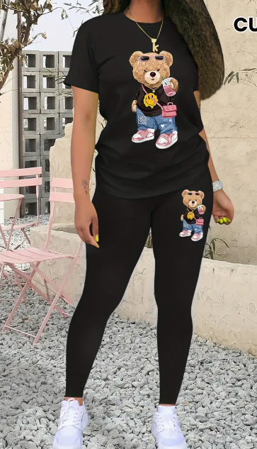 Women's  Printed Round Neck T-Shirt And Leggings Set