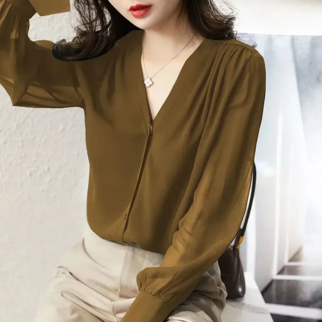 Vintage Simple Slim V neck Long Sleeve Temperament Shirt Khaki - Shop at LoveMi
