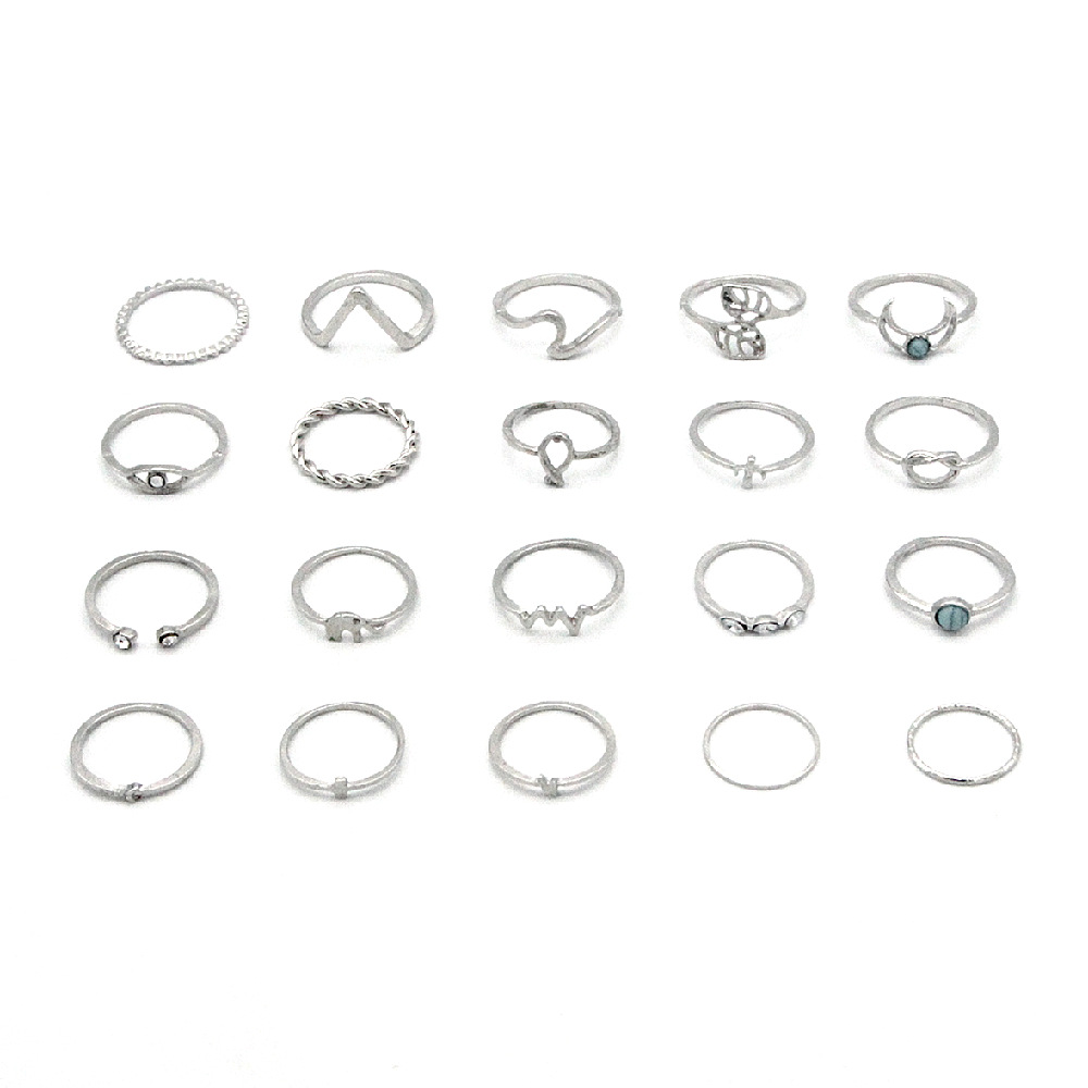 Bohemian Fashion Diamond Turquoise Elephant Leaf Moon 20-piece Set Ring Joint