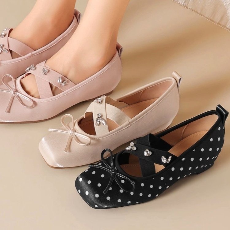 French Gentle Style Satin Ballet Flats, Wedge Heel Square Toe Shoes With Rhinestone Bow & Crisscross Straps, Shallow Mouth Pumps