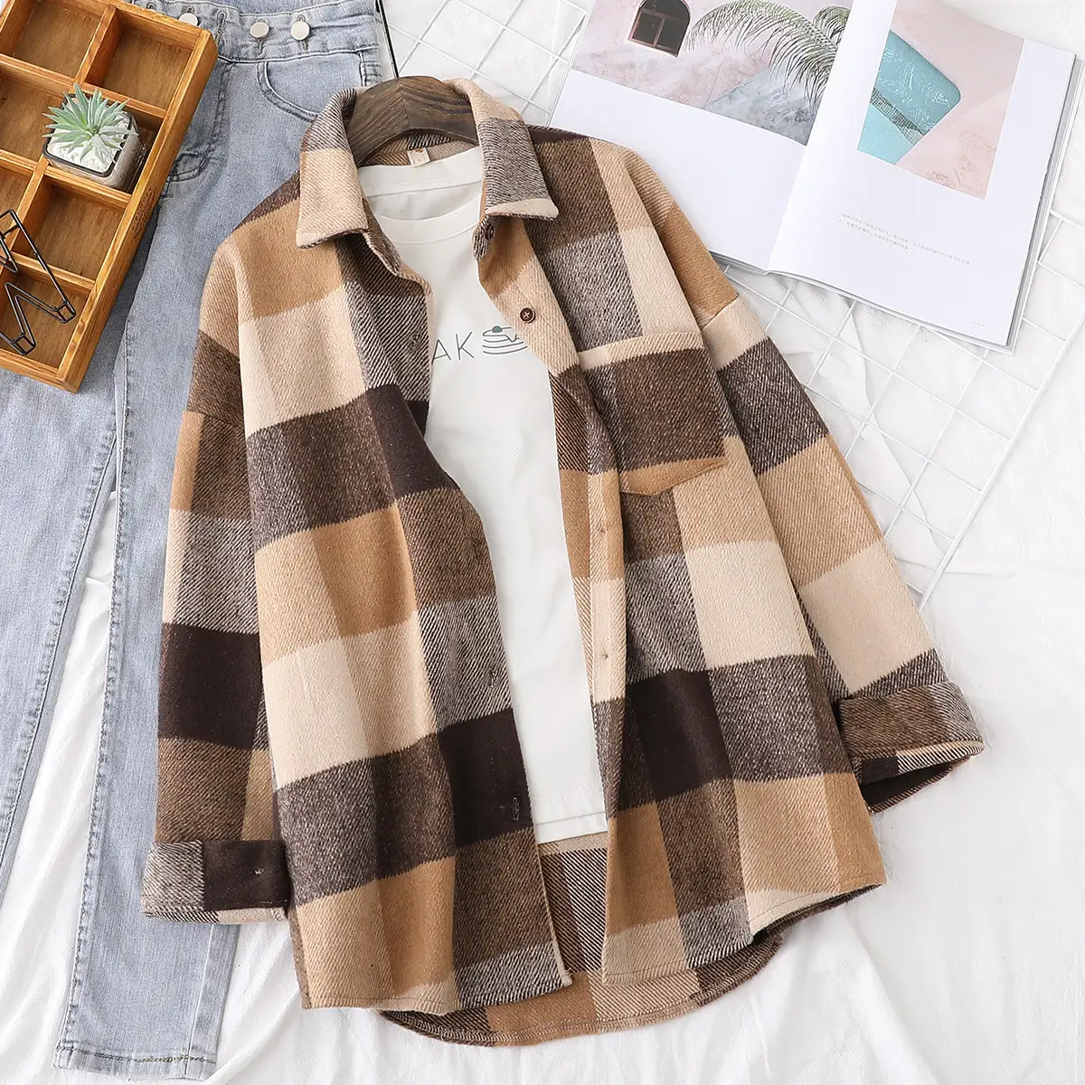Thick Woolen Shirt Women Loose Casual Tops Literary Fan Plaid Shirt Jacket