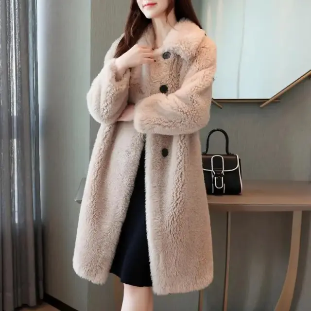 Medium Length Loose Lamb Wool Coat Thickened Beige - Shop at LoveMi