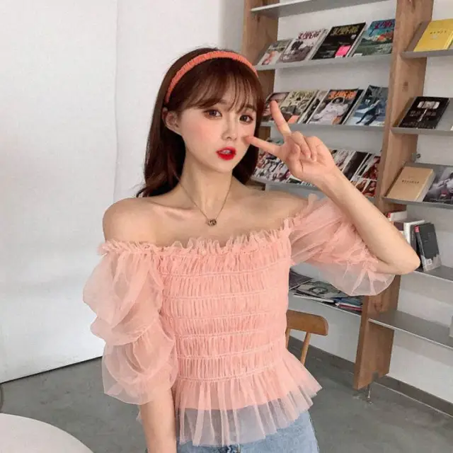 One shoulder Chiffon Shirt Puff Sleeve Short Top Women Women Pink - Shop at LoveMi