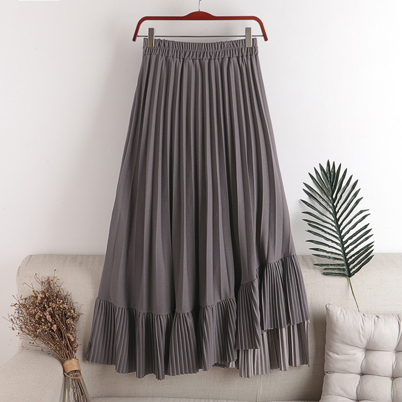 High Waist Elastic Waist Big Pleated Pleated Stitching Asymmetrical Hem Skirt Women