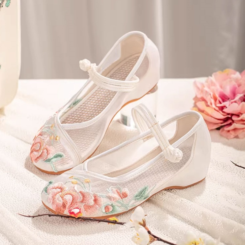 Summer Mesh Embroidered Shoes - Breathable Hollow-Out Low Heel Retro Mesh Shoes, Comfortable Hanfu Sandals & Cloth Slippers For Women