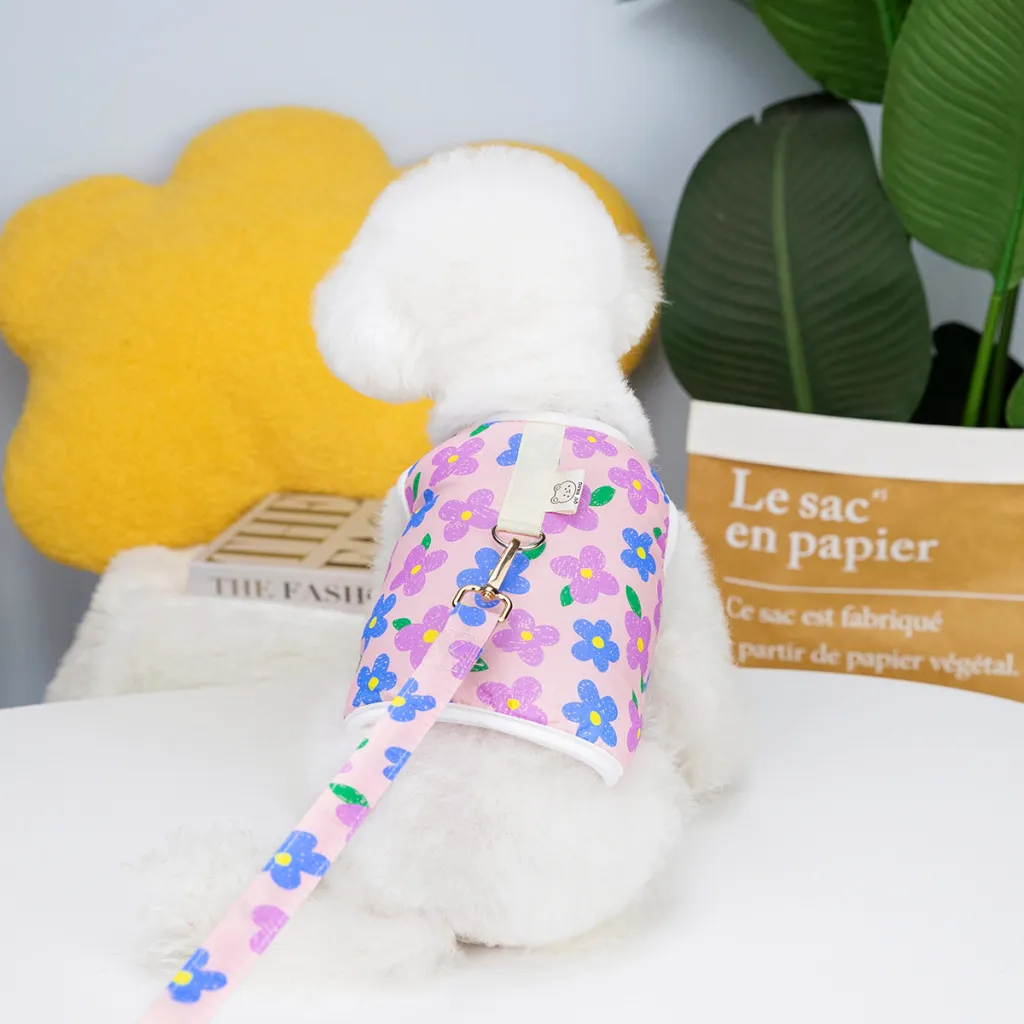 Chest Back Traction Rope Pet Clothing 23 Flowers Chest Back With Rope - Pink With Rope