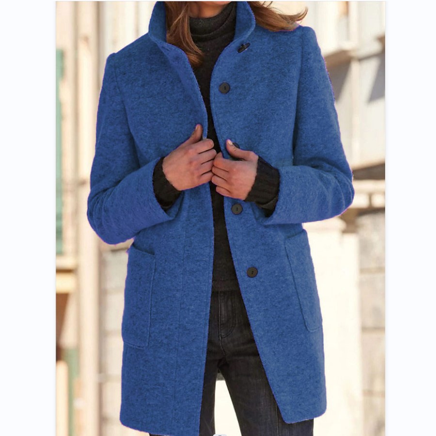 Fashion Stand Collar Woolen Coat With Pockets Fall Winter Casual Button Outwear