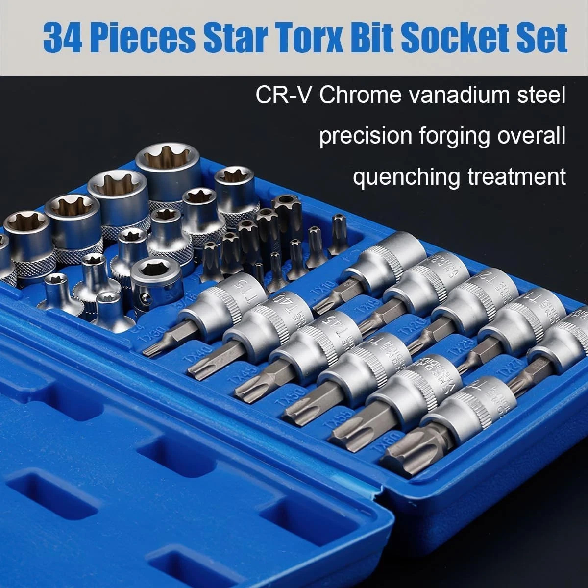 34pcs Torx Star Socket & Bit Set Male Female E & T Sockets Torx Bits With Case