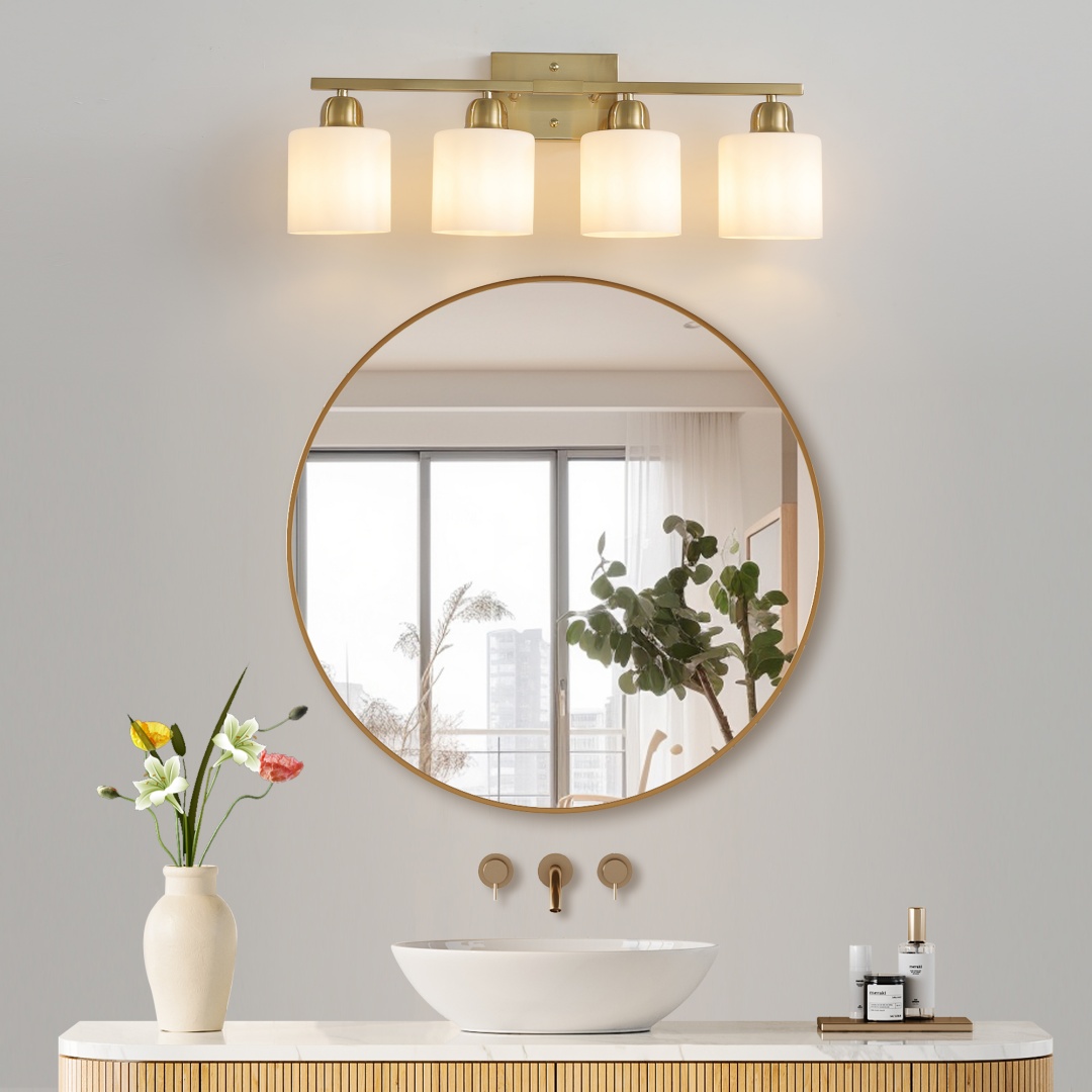 Gold Bathroom Light Fixtures, 4-Light Modern Vanity Light Over Mirror, Wall Sconces With Milky White Frosted Glass Shades, E26 Socket  Bulbs Not Included