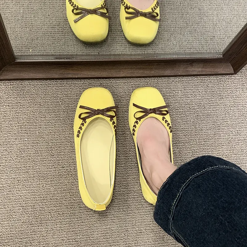 Women's French Bow Mary Jane Shoes, Hidden Height Elegant Moccasins, Square Round Toe Slip On Pumps