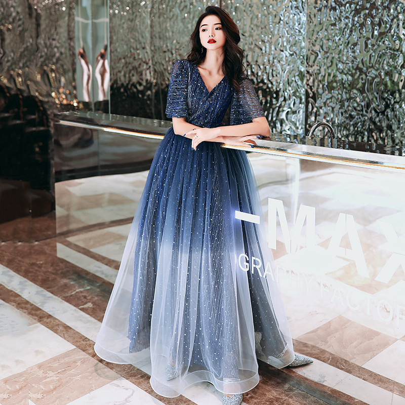 Sequin Blue V-Neck Slim Long Dress - 14