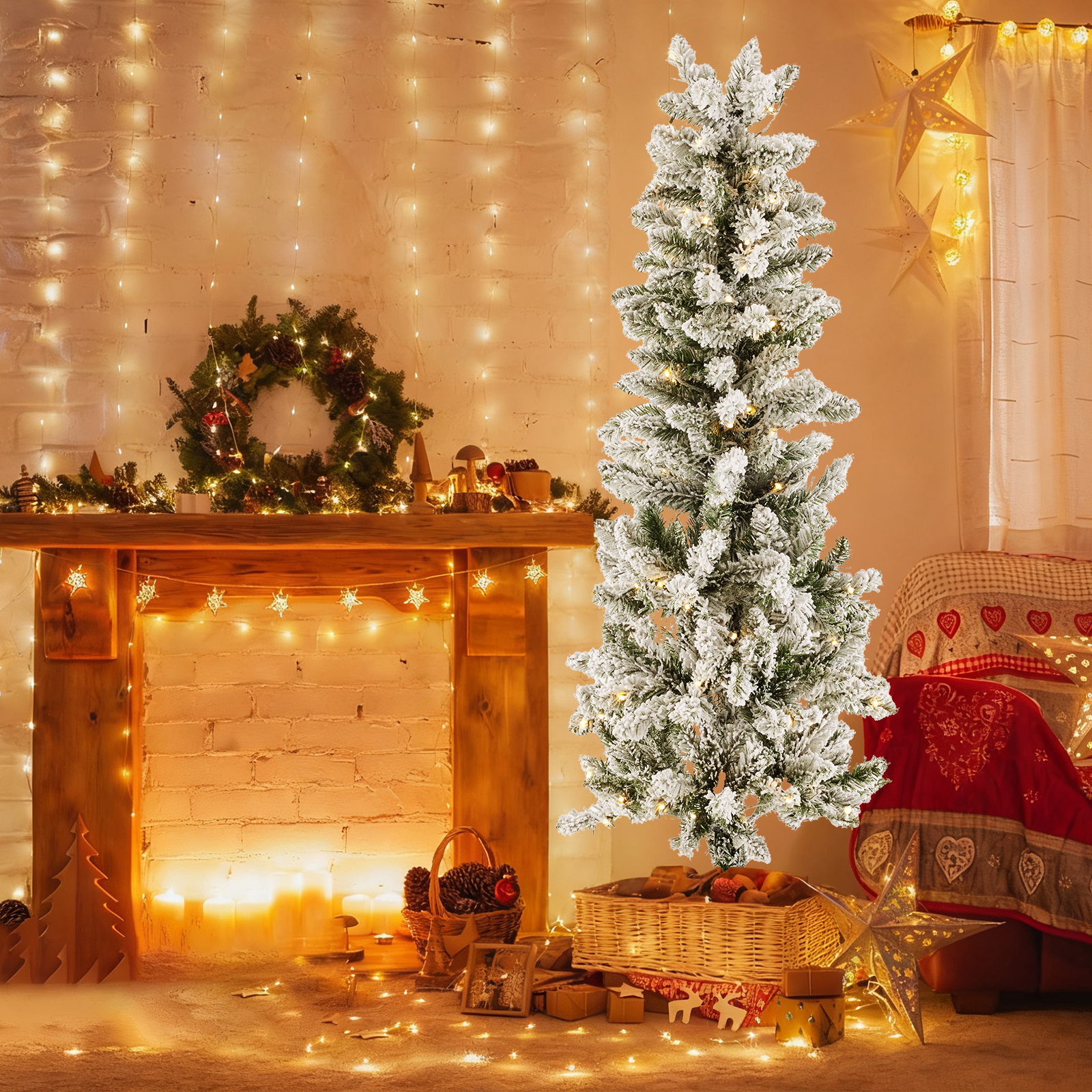 Pencil Christmas Tree, Prelighted Artificial Slim Christmas Trees With 250 Incandescent Lights, 571 Branch Tips & Foldable Base image 16