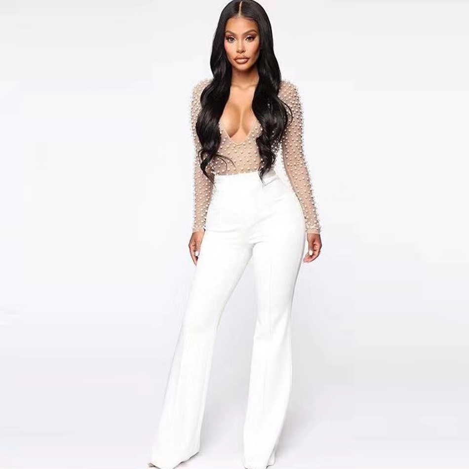 Title 2, V-Neck Mesh Beaded Pearl Jumpsuit Women