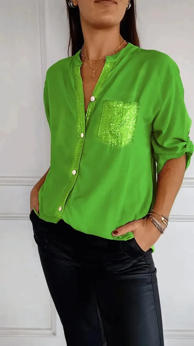 Casual Button down Long Sleeve Shirt With Sequin Pocket Design Fashion Commuter Top Women Clothing Green - Shop at LoveMi