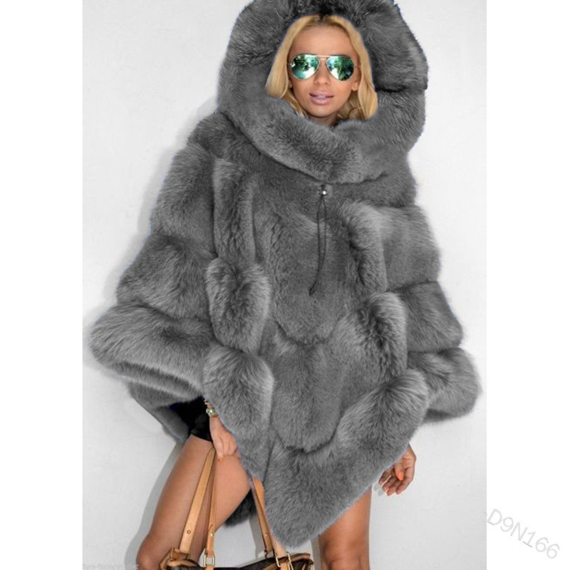 Solid Color Hooded Faux Fur Patchwork Loose Coat Elegant Commuter Cape Women's Gray - Shop at LoveMi