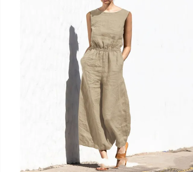 Solid Color Crew Neck Loose Casual Jumpsuit Brown - Shop at LoveMi
