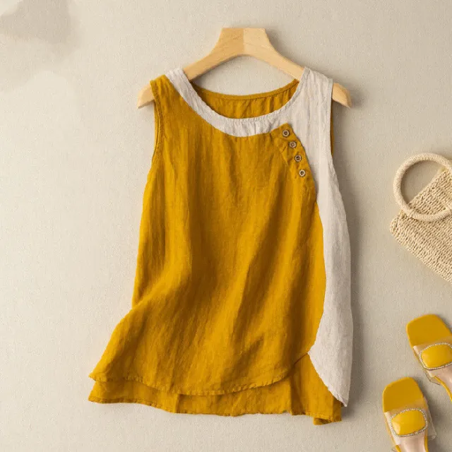 Hemp Color Matching Vest Button Decoration Color Contrast Art Retro Ginger White - Shop at LoveMi