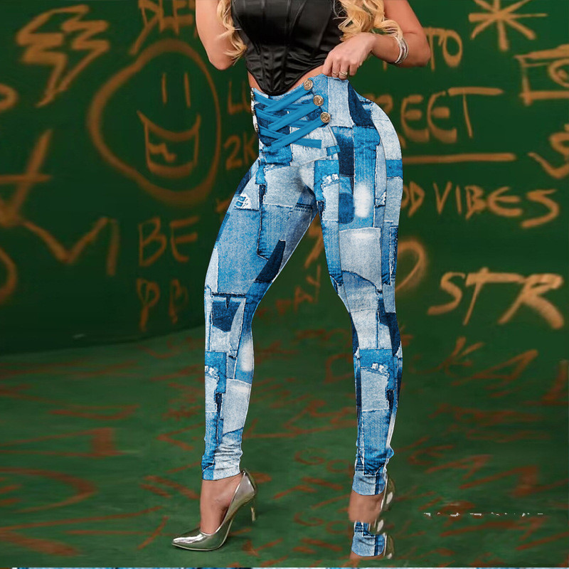 Women's Black Double-breasted Lace-up Hip-lifting Tights